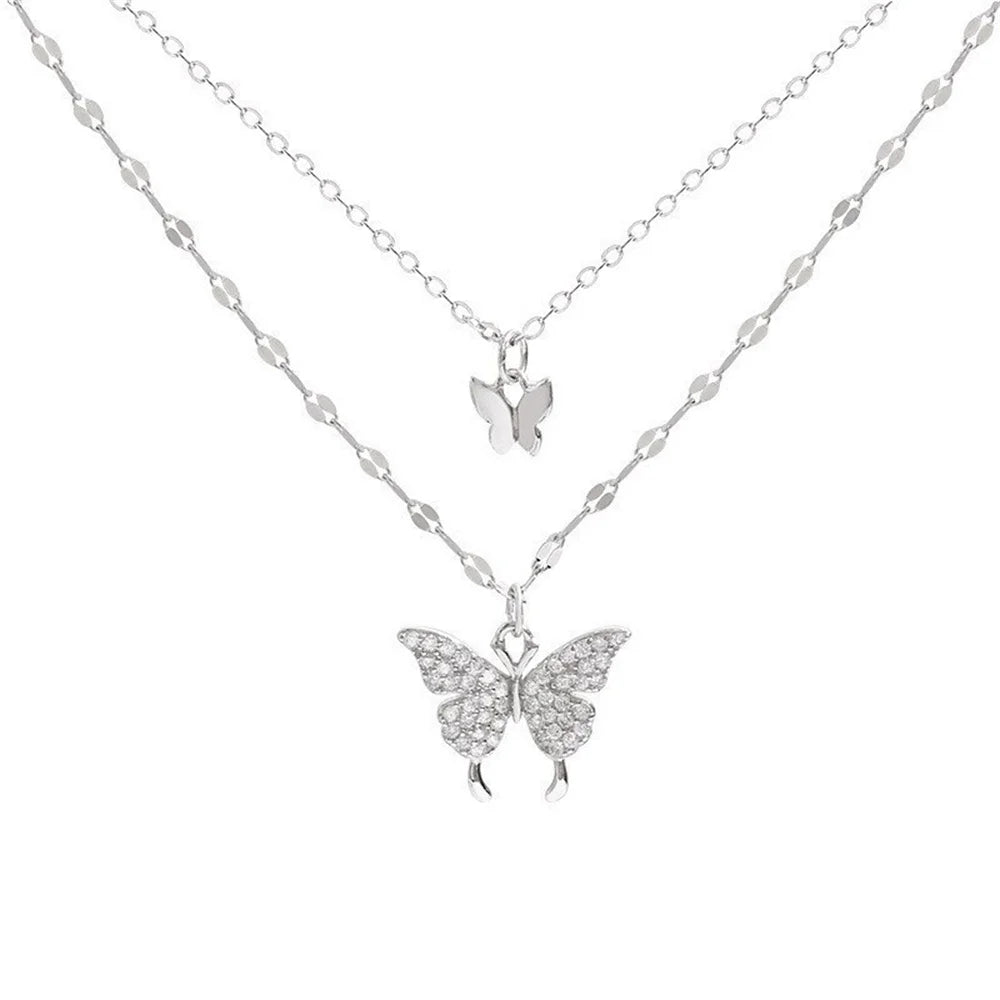 New Shiny Butterfly Necklace Ladies Exquisite Double Layer Clavicle