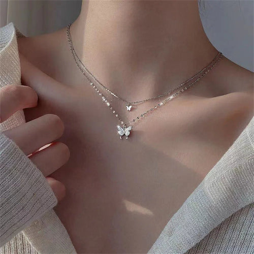 New Shiny Butterfly Necklace Ladies Exquisite Double Layer Clavicle