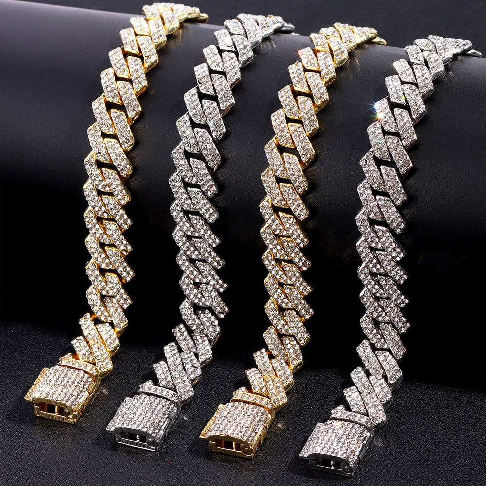 Hip Hop 14mm Prong Cuban Link Chain Necklace & Bracelet Iced Out Bling