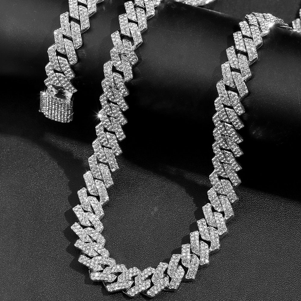 Hip Hop 14mm Prong Cuban Link Chain Necklace & Bracelet Iced Out Bling