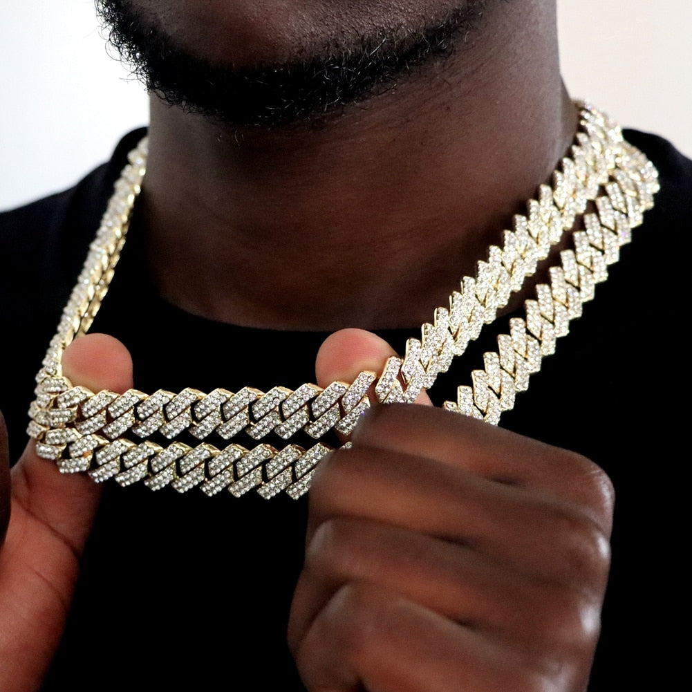 Hip Hop 14mm Prong Cuban Link Chain Necklace & Bracelet Iced Out Bling