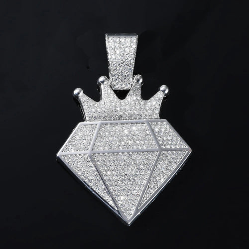 Hip Hop Iced Out Crown Pendant Necklace With 13mm Rhinestone Cuban