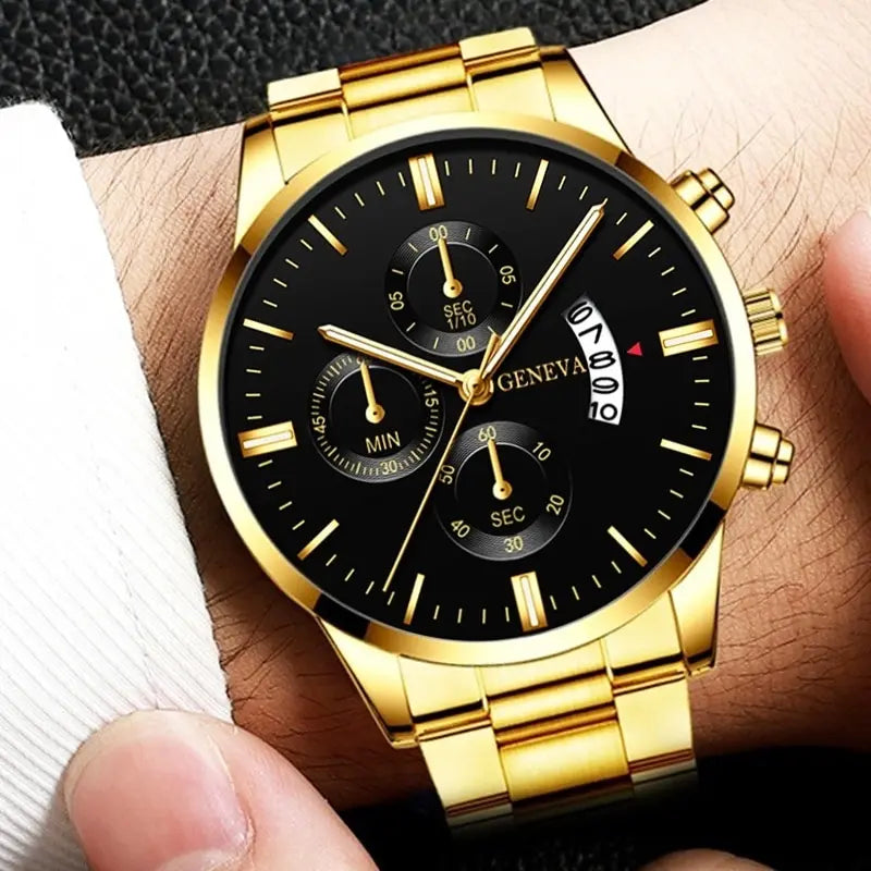 2023 Fashion Men Gold Stainless Steel Watch Luxury Calendar Quartz