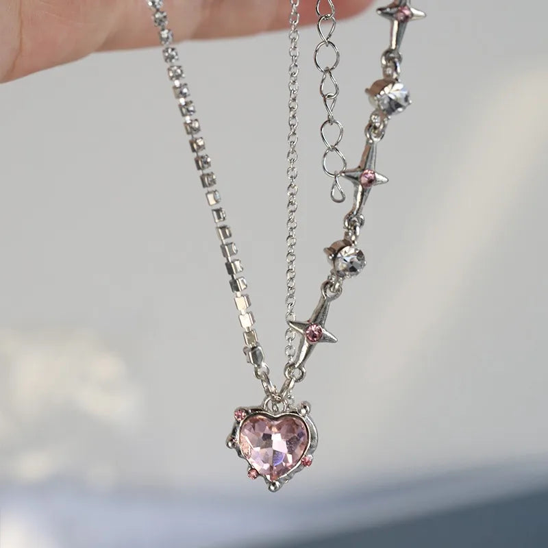 Y2k Crystal Love Heart Pendant Necklace For Women Girls Pink Sweet