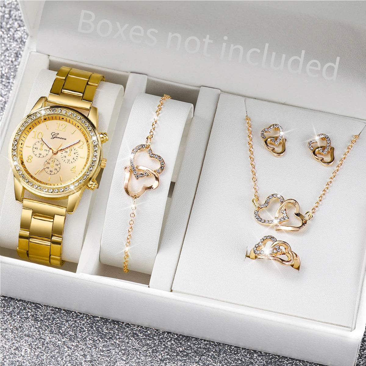 6PCS/Set Women's Watch Fashion Rhinestone Stainless Steel Band Quartz