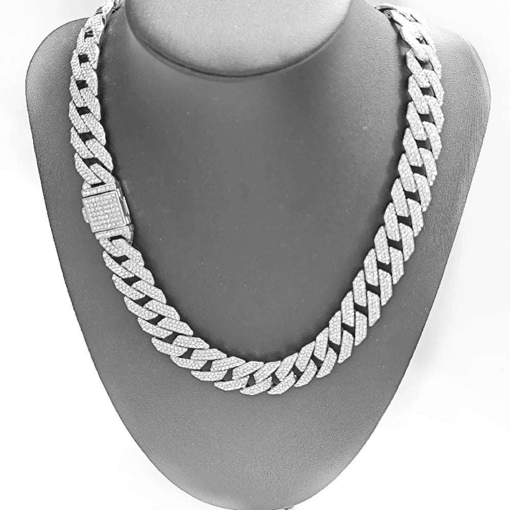 New 16MM Prong Cuban Link Chain Hip Hop Men 3Rows Rhinestone Necklace