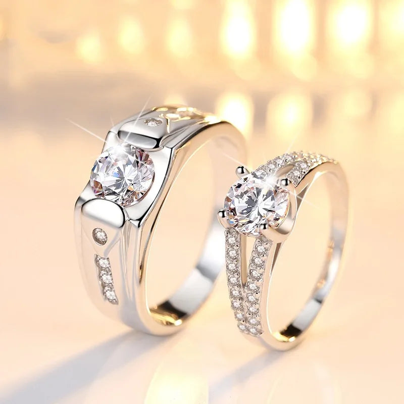 New Trendy Luxury Couple Rings for Women Men Dazzling Square Zirconia