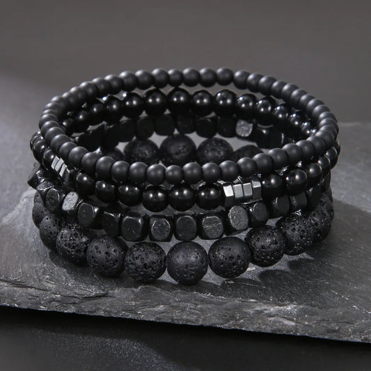 4PC Volcano Stone Black Gallstone Beaded Bracelets for Men Trendy