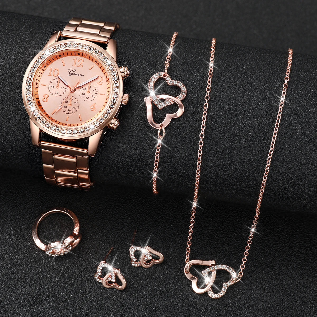 6PCS/Set Women's Watch Fashion Rhinestone Stainless Steel Band Quartz