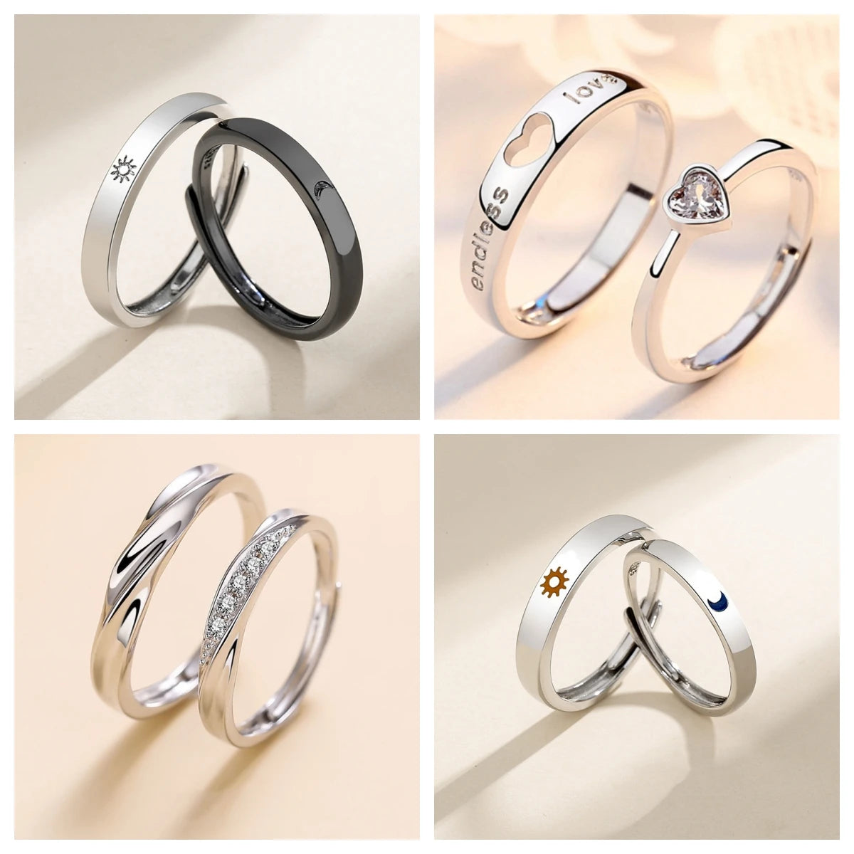 New Simple Couple Rings Silver Color Sun Moon Adjustable Open Ring For