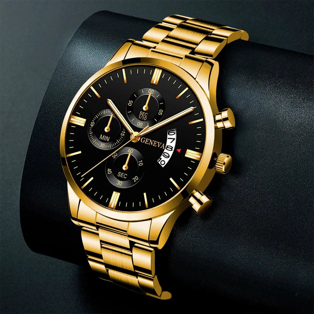 2023 Fashion Men Gold Stainless Steel Watch Luxury Calendar Quartz