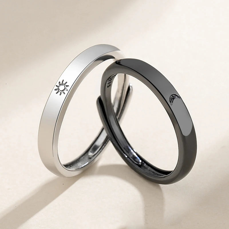 New Simple Couple Rings Silver Color Sun Moon Adjustable Open Ring For