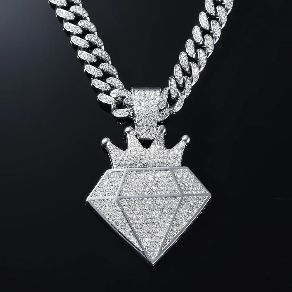 Hip Hop Iced Out Crown Pendant Necklace With 13mm Rhinestone Cuban