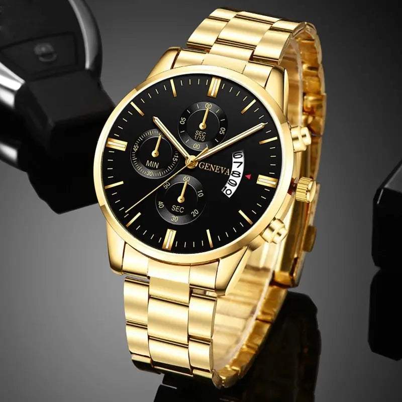 2023 Fashion Men Gold Stainless Steel Watch Luxury Calendar Quartz