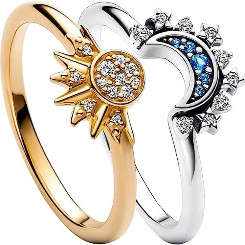 2pc/set Summer Couple Ring Set Sky Blue Sparkling Moon and Sun Ring