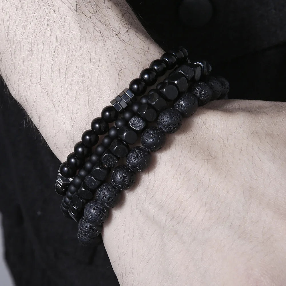 4PC Volcano Stone Black Gallstone Beaded Bracelets for Men Trendy