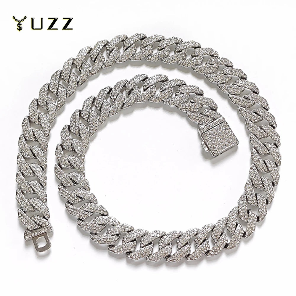 New 16MM Prong Cuban Link Chain Hip Hop Men 3Rows Rhinestone Necklace