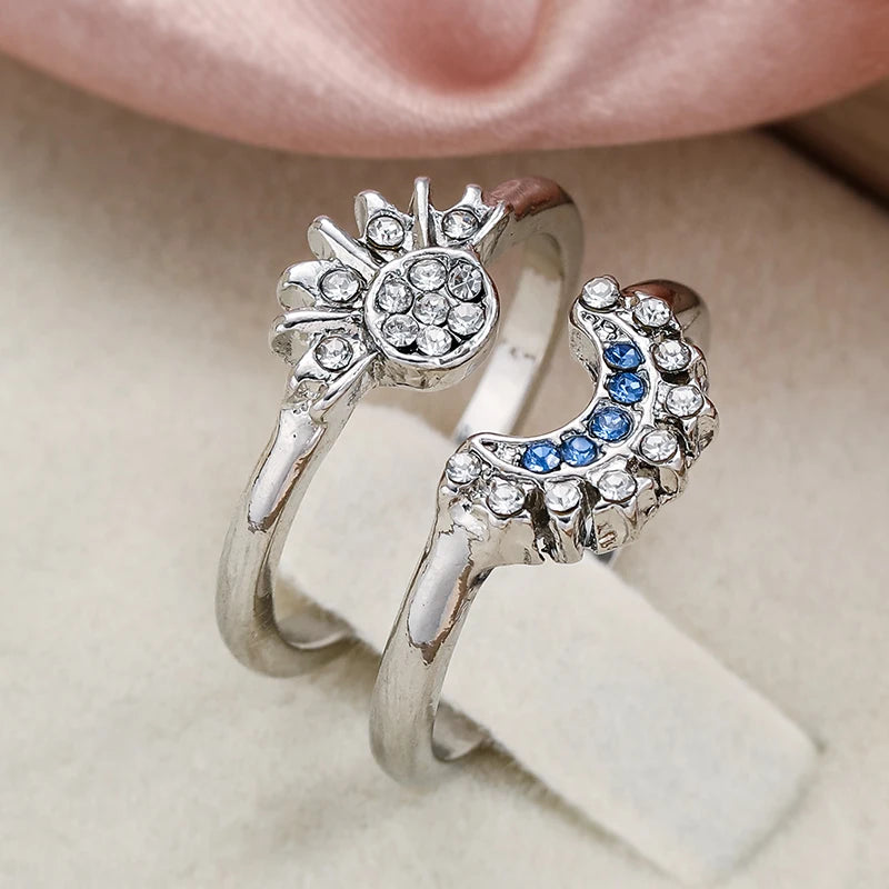 2pc/set Summer Couple Ring Set Sky Blue Sparkling Moon and Sun Ring