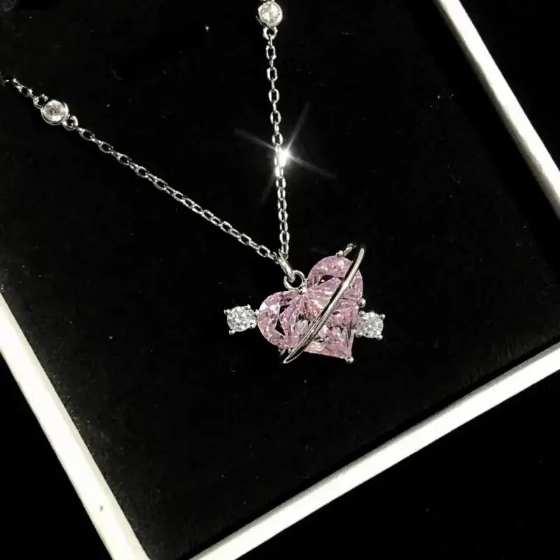 Y2k Crystal Love Heart Pendant Necklace For Women Girls Pink Sweet