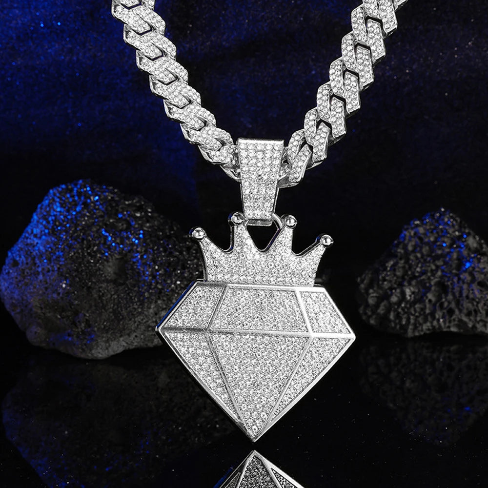 Hip Hop Iced Out Crown Pendant Necklace With 13mm Rhinestone Cuban