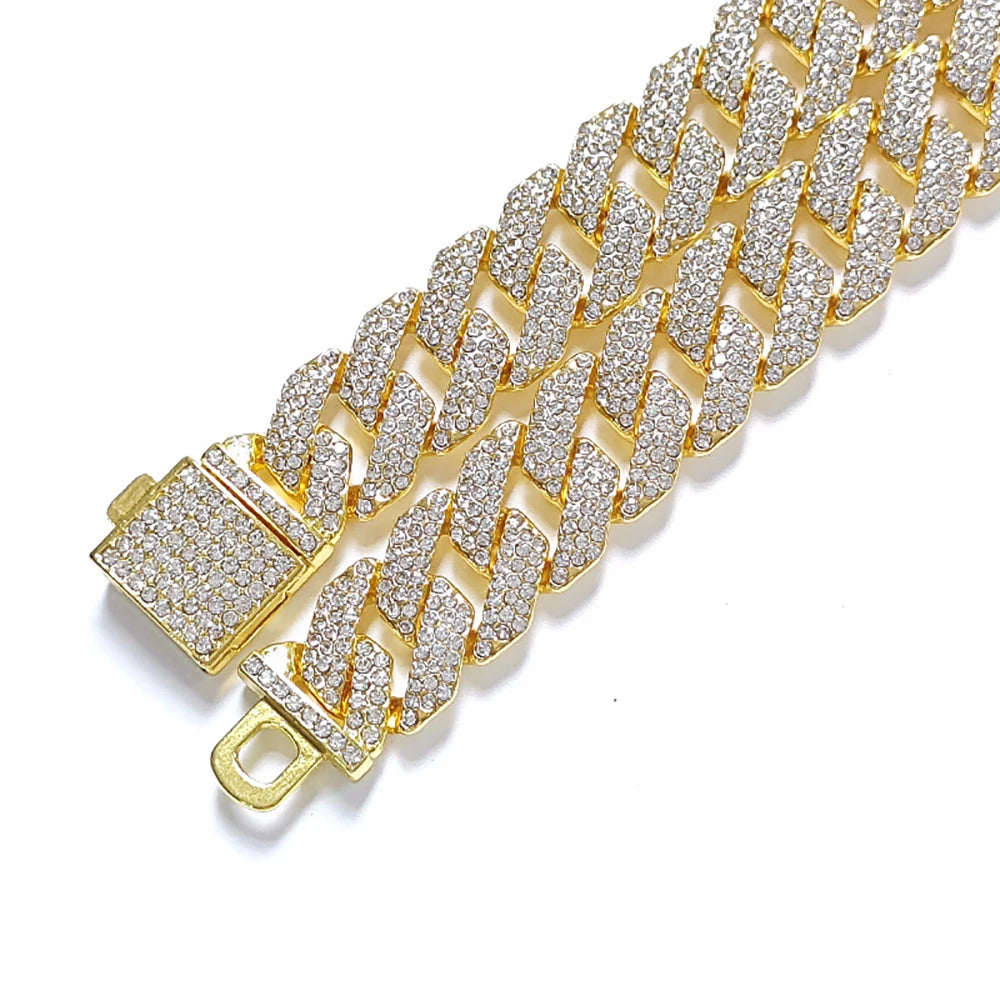 New 16MM Prong Cuban Link Chain Hip Hop Men 3Rows Rhinestone Necklace