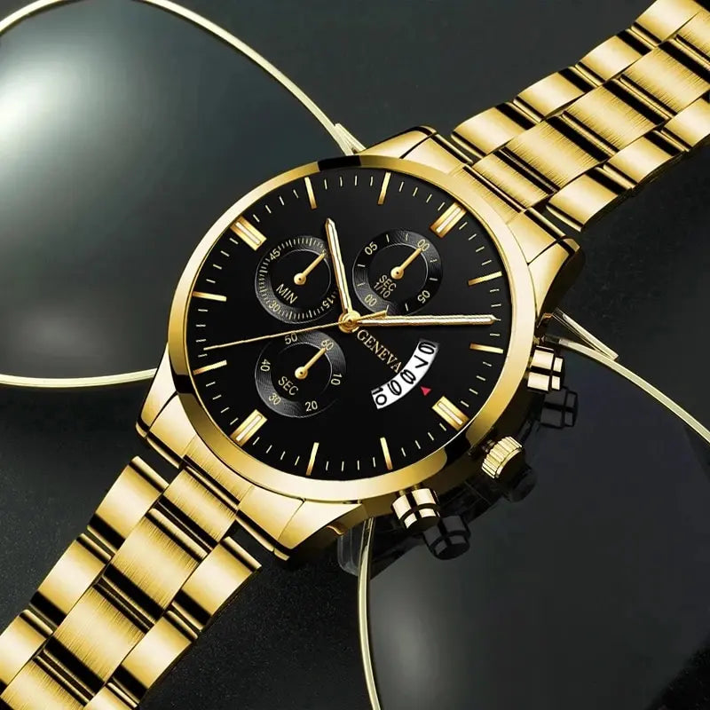 2023 Fashion Men Gold Stainless Steel Watch Luxury Calendar Quartz