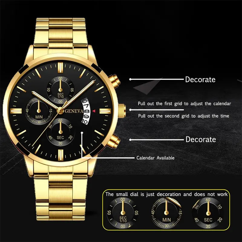 2023 Fashion Men Gold Stainless Steel Watch Luxury Calendar Quartz