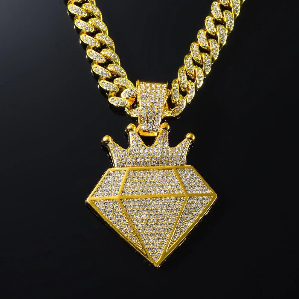 Hip Hop Iced Out Crown Pendant Necklace With 13mm Rhinestone Cuban