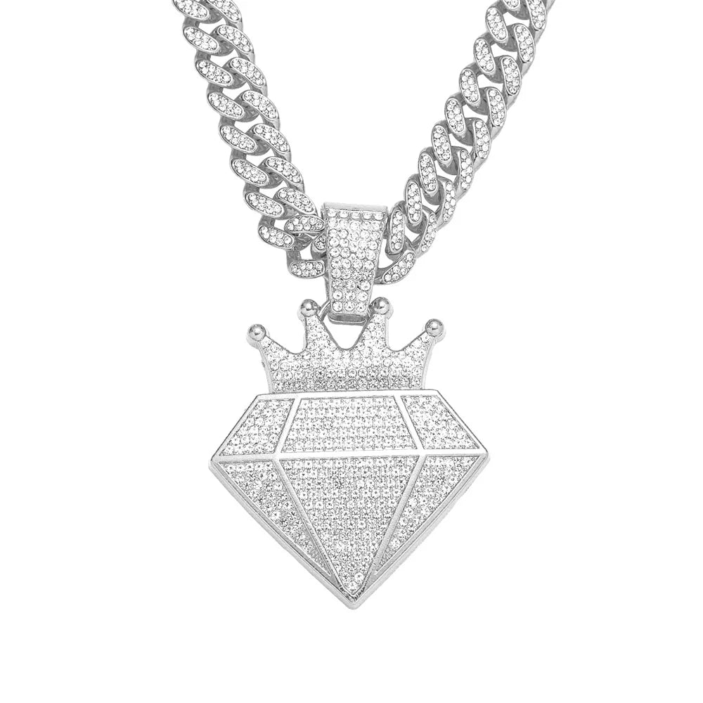 Hip Hop Iced Out Crown Pendant Necklace With 13mm Rhinestone Cuban