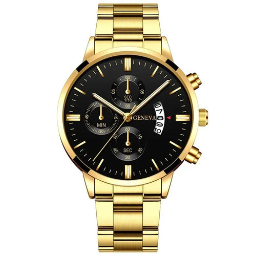 2023 Fashion Men Gold Stainless Steel Watch Luxury Calendar Quartz