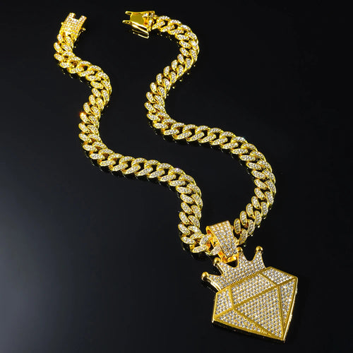 Hip Hop Iced Out Crown Pendant Necklace With 13mm Rhinestone Cuban