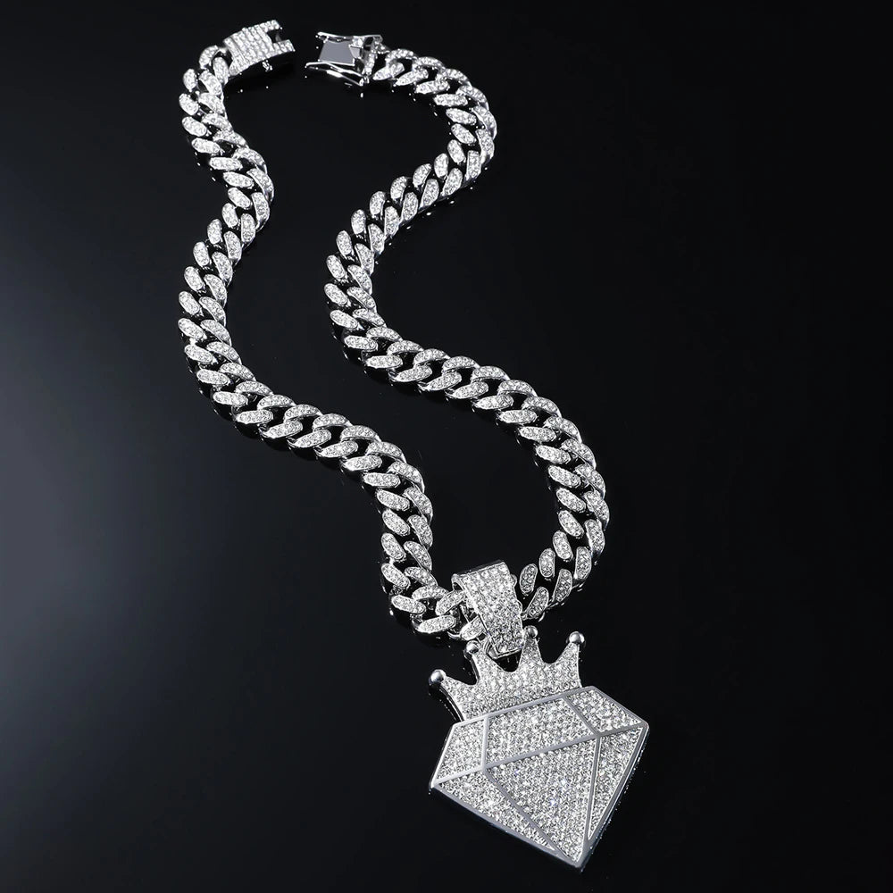 Hip Hop Iced Out Crown Pendant Necklace With 13mm Rhinestone Cuban