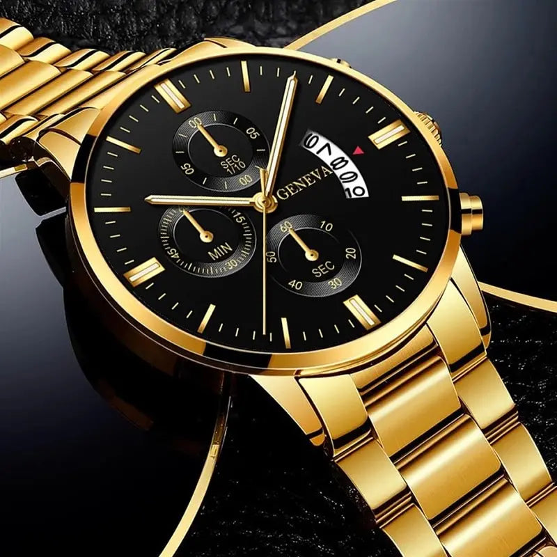 2023 Fashion Men Gold Stainless Steel Watch Luxury Calendar Quartz