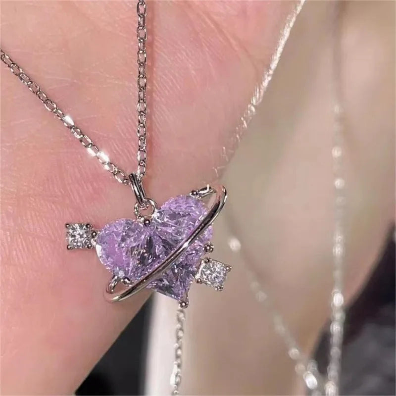 Y2k Crystal Love Heart Pendant Necklace For Women Girls Pink Sweet