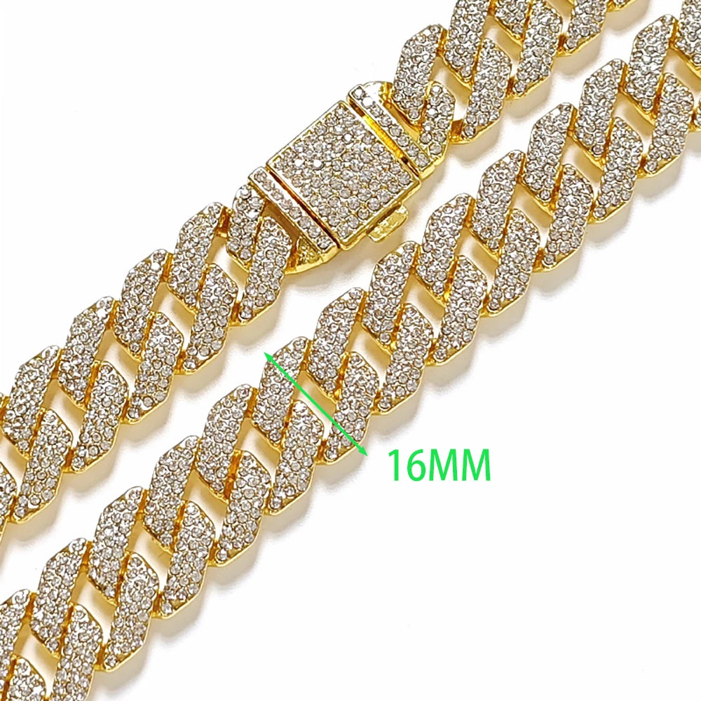 New 16MM Prong Cuban Link Chain Hip Hop Men 3Rows Rhinestone Necklace