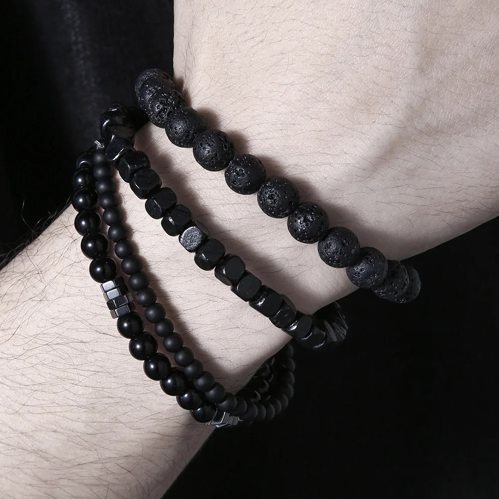 4PC Volcano Stone Black Gallstone Beaded Bracelets for Men Trendy