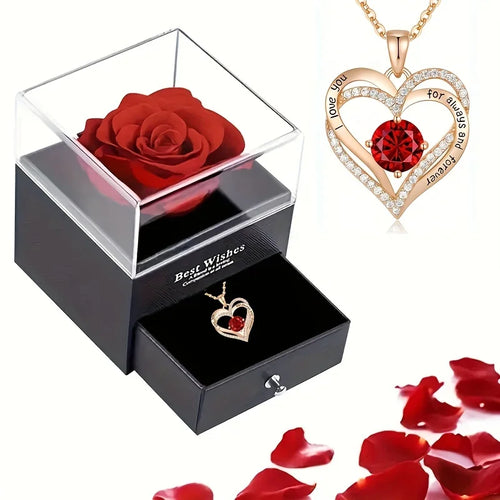 Luxury Red Zircon Pendant Necklaces With Rose Flower Gift Box For