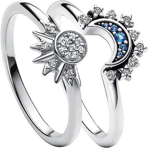 2pc/set Summer Couple Ring Set Sky Blue Sparkling Moon and Sun Ring