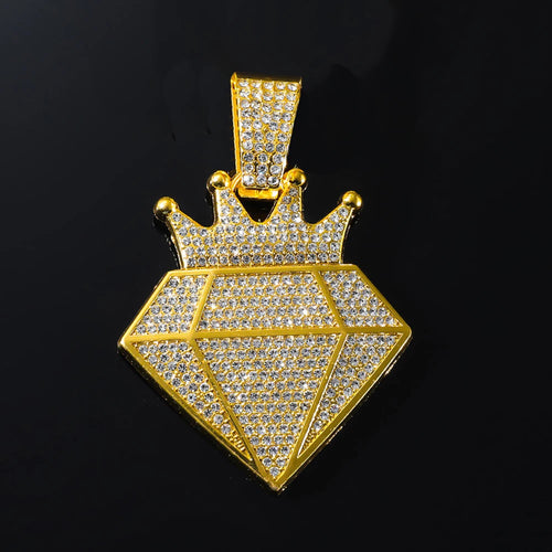 Hip Hop Iced Out Crown Pendant Necklace With 13mm Rhinestone Cuban