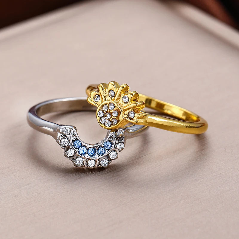 2pc/set Summer Couple Ring Set Sky Blue Sparkling Moon and Sun Ring